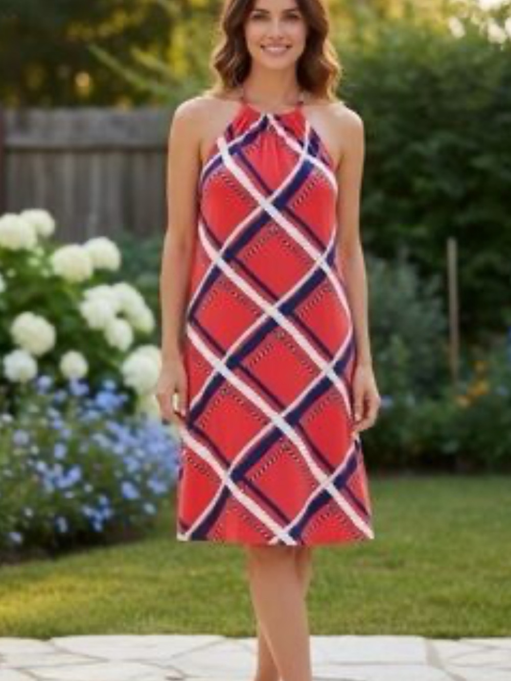 J McLaughlin Maria Halter Dress Catalina Cloth Coral Pink Blue White Womens XS